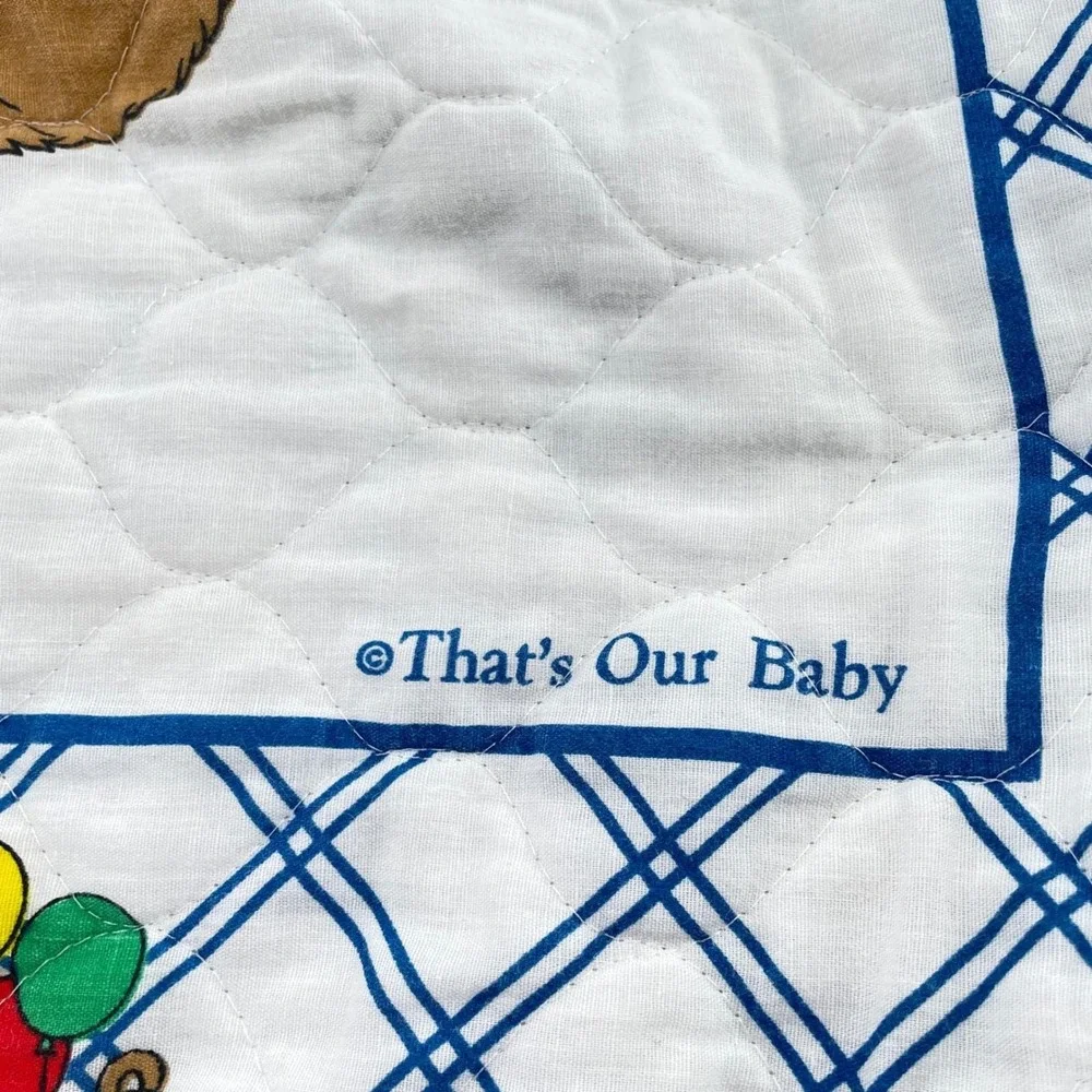 Vtg Thats Our Baby Teddy Bear Quilt & Dundee Flannel Blanket Set Balloons 2pc